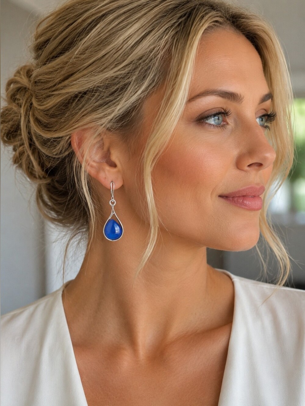 Blue Cat's Eye Stone Silver Teardrop Earrings